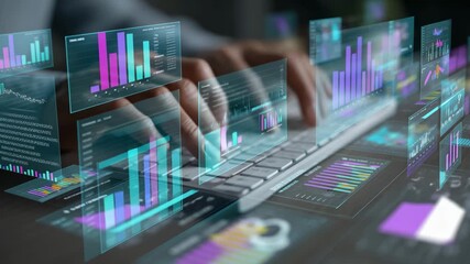 User interacts with a keyboard while analyzing data through interactive charts and graphs in an office environment - Powered by Adobe