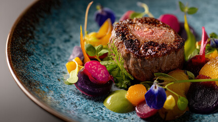 Gourmet steak fine dining food plating restaurant cuisine luxury culinary art for hospitality marketing social media