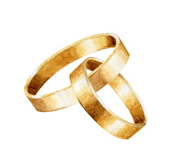 Watercolor hand drawn dark gold wedding rings. Watercolor celebrating clipart. Wedding rings isolated on white background.