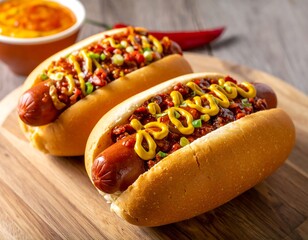 Two Delicious Chili Dogs with Mustard on a Wooden Board.