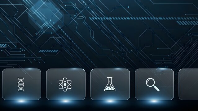 Digital Science Interface: A captivating futuristic interface composed of glowing icons represents various scientific disciplines, signifying innovation and technological advancement. - Powered by Adobe