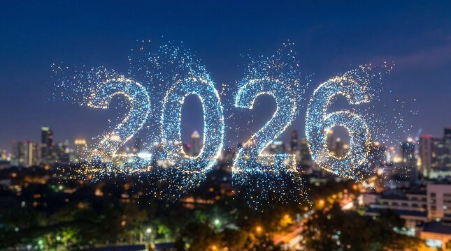 Sparkling 2026 New Year's celebration over cityscape at night - Powered by Adobe