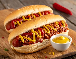 Two Delicious Hot Dogs with Mustard and Chili on a Wooden Board.