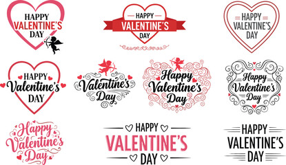 Valentine's Day vector badge collection featuring ten typographic designs with Cupid motifs heart accents and elegant filigree flourishes.