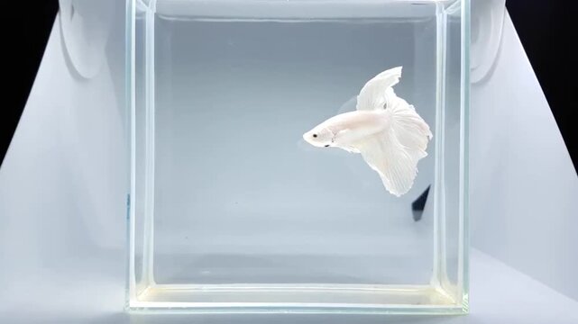 Betta fish male fancy white platinum halfmoon long tail from Thailand, Siamese fighting fish on isolated grey background.