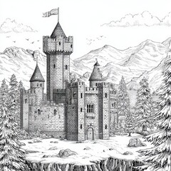 Detailed Ink Drawing - Majestic Medieval Castle on Cliff, Pine Forest, Mountain Backdrop.