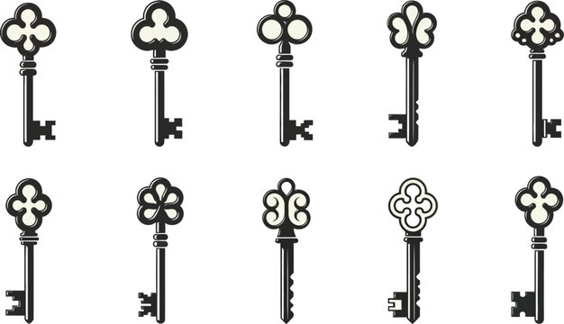 A comprehensive collection of vintage metal skeleton key silhouettes and antique door lock icons featuring rusty Victorian shapes for secure home design illustration vector