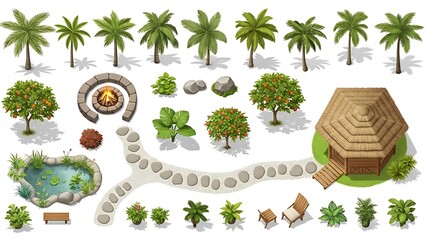 Tropical garden with hut and pond isolated on white background