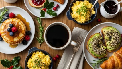 Delicious breakfast spread with pancakes, bagels, and eggs on a wooden table