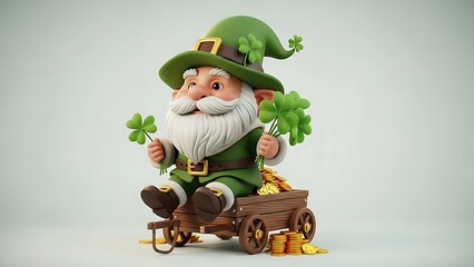 A cheerful leprechaun sitting on a wooden cart filled with gold coins and holding shamrocks st patricks day