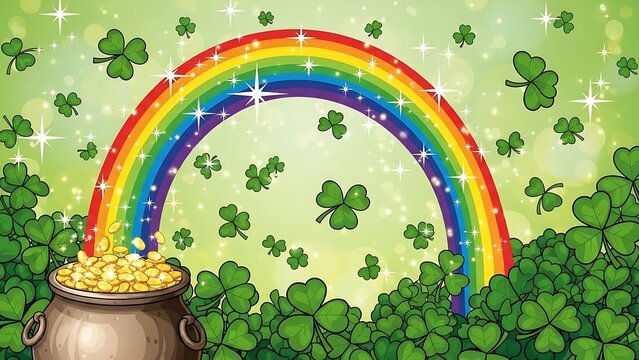 A colorful rainbow emerging from a pot of gold coins surrounded by lush green shamrocks and sparkling stars on a gradient background st patricks day - Powered by Adobe