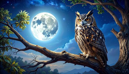Majestic owl perched on branch under full moon night sky illustration