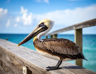 Pelican perched on wooden railing with blue water and sky in background