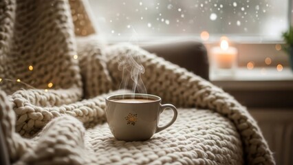Cozy morning with steaming cup of coffee on a snowy day