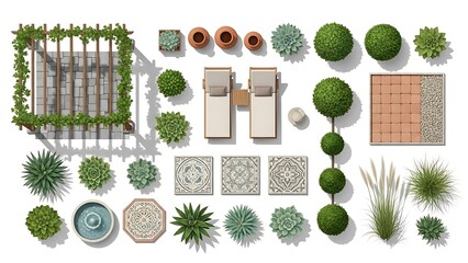 Beautiful garden design elements collection isolated on white background