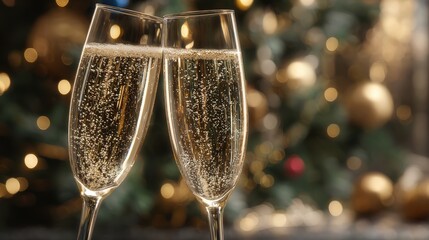 Two champagne flutes toast against a festive backdrop, with sparkling bubbles in the glasses, creating a celebratory atmosphere.