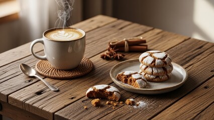 Cozy morning with steaming coffee and sweet biscuits on rustic wooden table