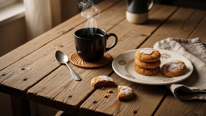 Cozy morning scene with steaming coffee and sweet cookies on rustic wooden table