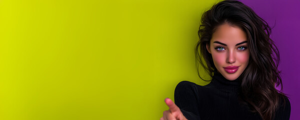 confident young woman pointing at viewer in colorful studio, modern female pointing finger at camera on vibrant background, cool stylish woman making direct gesture in creative studio