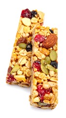 Two Granola Bars with Nuts and Dried Fruits on White Background.