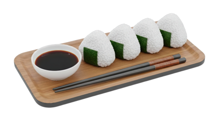 Four Onigiri Rice Balls with Soy Sauce and Chopsticks on Wooden Tray