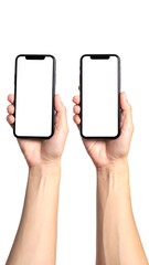 Two Hands Holding Smartphones with Blank Screens on White Background.
