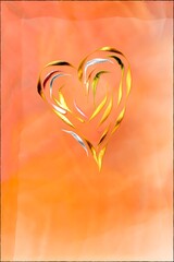 A heart made of golden lines on an orange-red background. Digital composition as a template for greeting and invitation cards for weddings, engagements, or Valentine's Day.