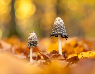 Two Ink Cap Mushrooms in Autumn Leaves.