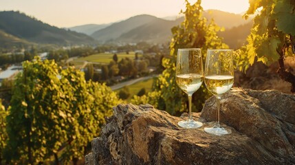 Two glasses of white wine sit atop a rocky ledge, surrounded by lush vineyards and rolling hills under a warm sunset.