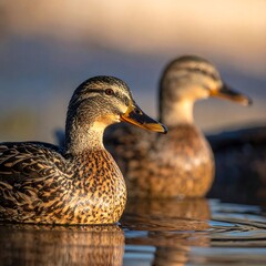 Two Mallard Ducks Swimming Calmly in a Lake at Sunset.