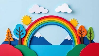 Whimsical Colorful Landscape with Rainbow and Sunny Skies