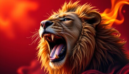 Naklejka premium Roaring Lion Against Fiery Background