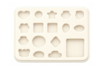 Wooden shape sorting toy with various geometric figures and abstract shapes for children's learning template, transparent background