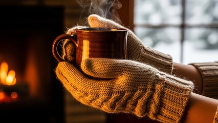 Cozy hands in warm gloves holding steaming mug by fireplace