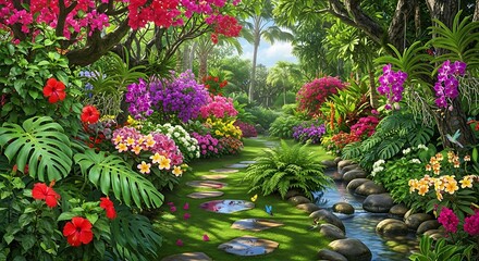 Lush tropical garden features a winding stepping stone path beside a gentle flowing stream