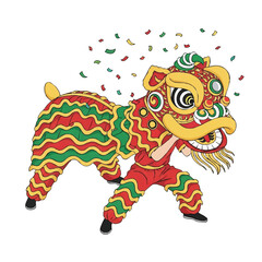 Vibrant cartoon dragon dancer performing with colorful confetti in a lively, festive setting against a clean white background.
