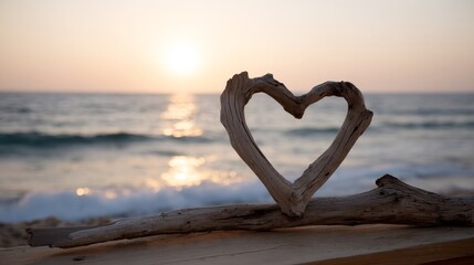 Fototapeta premium Romantic driftwood heart sculpture silhouetted against a glowing sunset with gentle waves on a peaceful beach shore, evoking love and serenity in warm colors