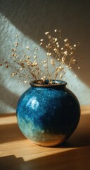 Artisan Blue Ceramic Vase with Dried Flowers, Illuminated by Warm Sunlight and Diagonal Shadows.