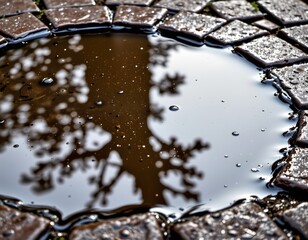 Reflections Rainlit Paved Stone Surface