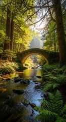 Stone arch bridge spans a clear, sunlit forest stream surrounded by lush green vegetation