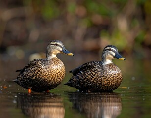 Two Mottled Ducks Resting in a Calm Pond.