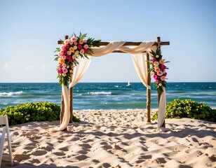 Romantic Beach Wedding Setup with Rustic Arch and Ocean Backdrop