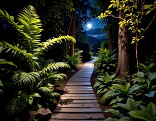 Moonlit Forest Pathway Through Lush