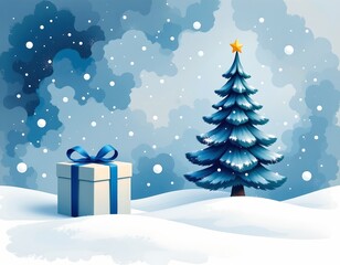 Obraz premium Serene Winter Scene with Conifer and Gift Watercolor Style