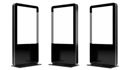 Three identical, sleek black digital signage totems with blank white display screens for copy space, against transparent studio background, high-contrast commercial advertising technology showcase