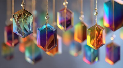 Colorful faceted prisms hanging against soft background