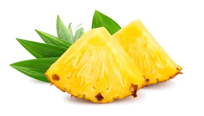 Two Pineapple Slices with Green Leaves on White Background.