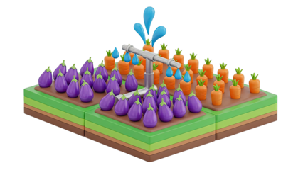 Cartoon Isometric Farm with Eggplants, Carrots, and Irrigation System