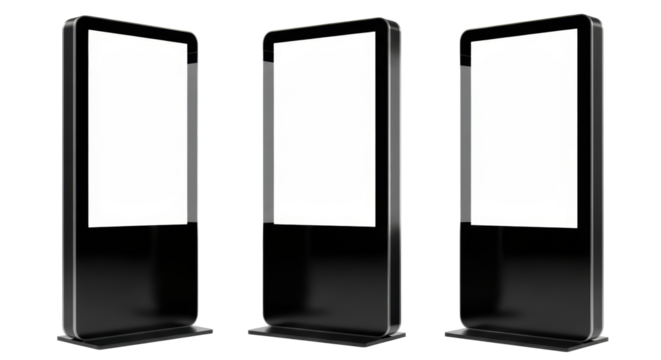 Three identical, sleek black digital signage totems with blank white display screens for copy space, against transparent studio background, high-contrast commercial advertising technology showcase - Powered by Adobe