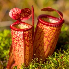 Two Pitcher Plants Displaying Their Unique Trapping Mechanisms in a Natural Habitat.